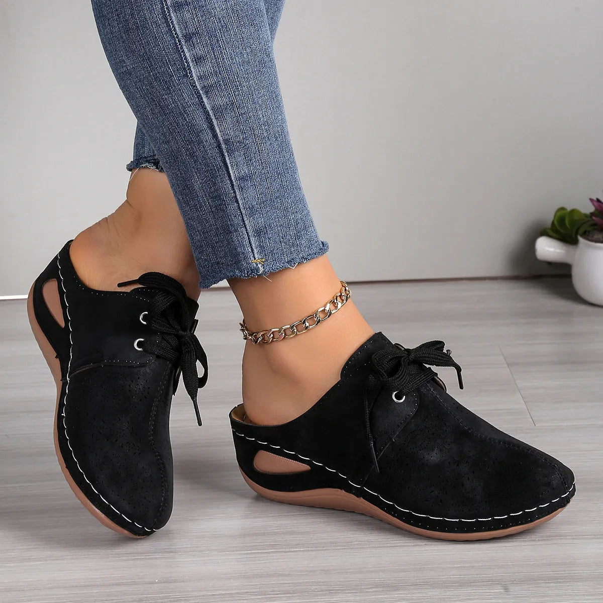 Women's baotou lace-up slippers with hollow out wedges in suede upper and rubber sole, available in multiple colours