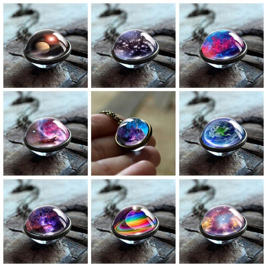 Mesmerizing double-sided galaxy pendant necklace in various celestial patterns and colors