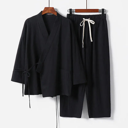 Cardigan-style hanfu two-piece suit in cotton linen blend, traditional Asian clothing set
