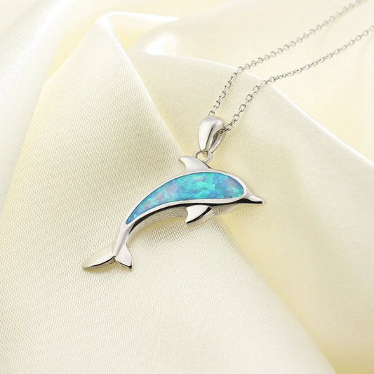 Ocean Dolphin Pendant Copper Necklace with opal detail, showcasing the intricate dolphin design and adjustable chain.