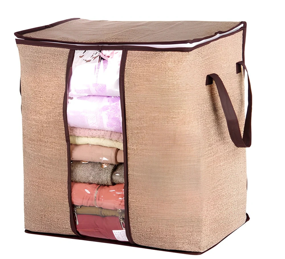 Non-woven fabric under-bed storage organiser showing 45.55×29×51cm dimensions and folding design