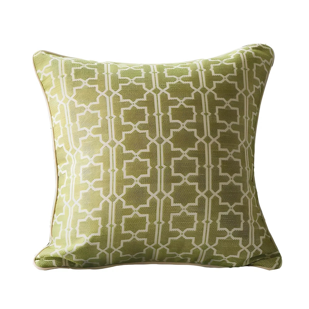 Square beige cushion cover with envelope closure on a grey sofa