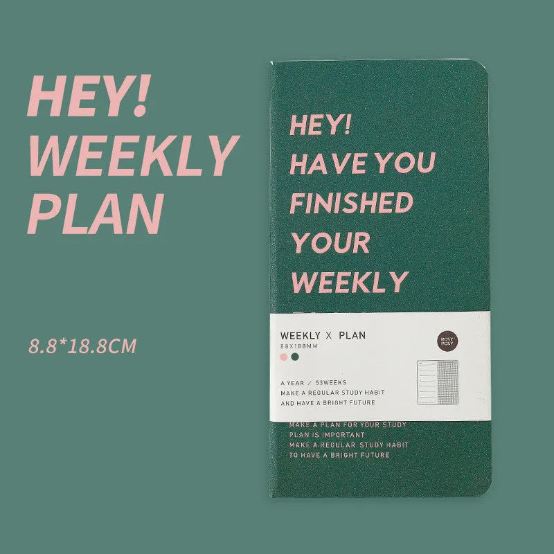 A5 weekly plan diary handbook with 100 sheets, shown in blue, brown, green, and purple colour options.