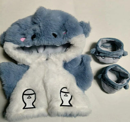 30cm doll clothing collection showing multiple outfit pieces including hooded jackets, sweaters, and suspender pants