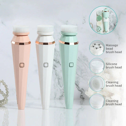 Rechargeable electric facial cleansing brush with 4 interchangeable brush heads for deep cleaning and revitalizing the skin