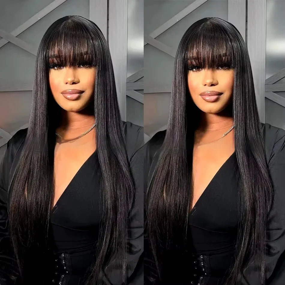 Natural colour human hair wig with straight fringe on full-mechanism headgear, displayed at medium length.