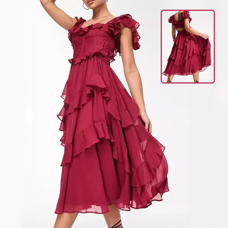 Summer holiday ruffled short-sleeved dress with backless square neck in pink and wine red