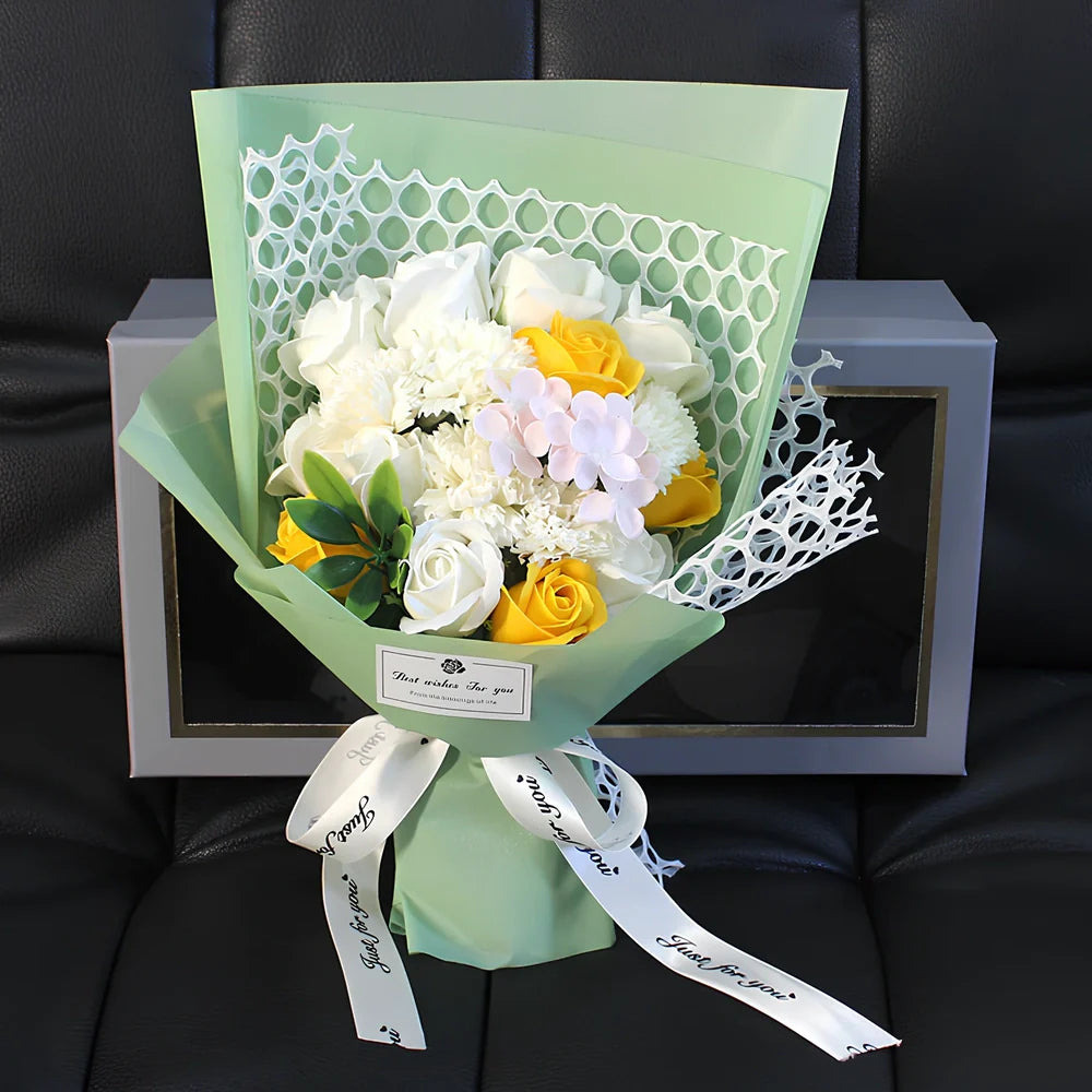 Handmade 19 rose soap bouquet in pink, red, blue, purple, or white, arranged in gift box for events