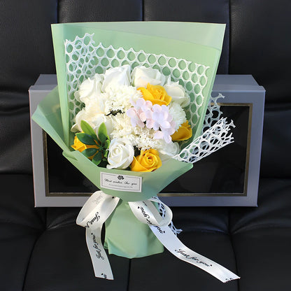 Handmade 19 rose soap bouquet in pink, red, blue, purple, or white, arranged in gift box for events