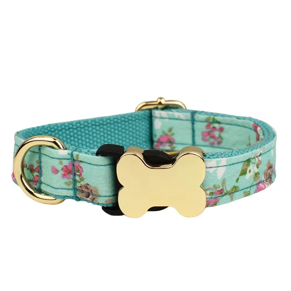 Flat nylon dog collar with bone buckle in a printed grid pattern, shown in multiple colour options.