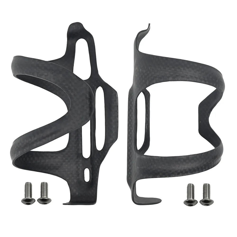Black carbon fibre side pull water bottle cage for bicycles with 145mm height and 76mm width dimensions