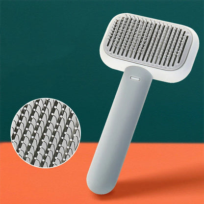 Premium pet hair brush in grey, pink, and green colors with stainless steel construction for easy grooming and massage