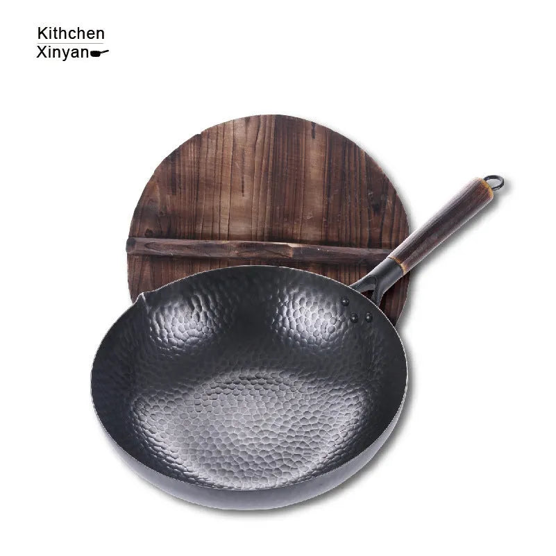Traditional handmade iron wok pan with wooden handle, 40 cm diameter cooking surface