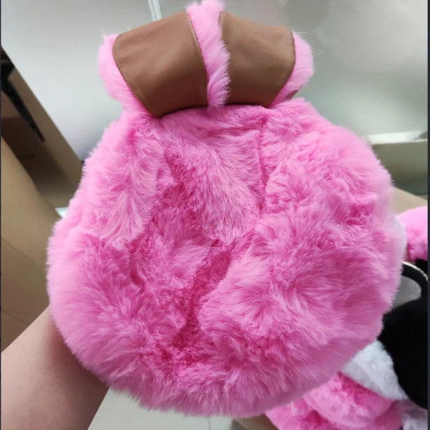 Trendy faux fur rabbit ear messenger bag in various colors including black, grey, pink, white, red, purple, and dark pink