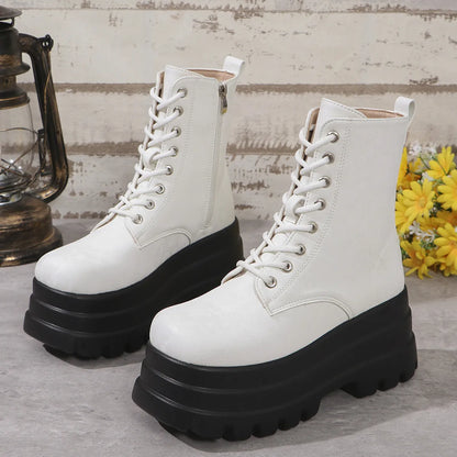 Women's black platform boots with chunky heel, round toe and side zipper