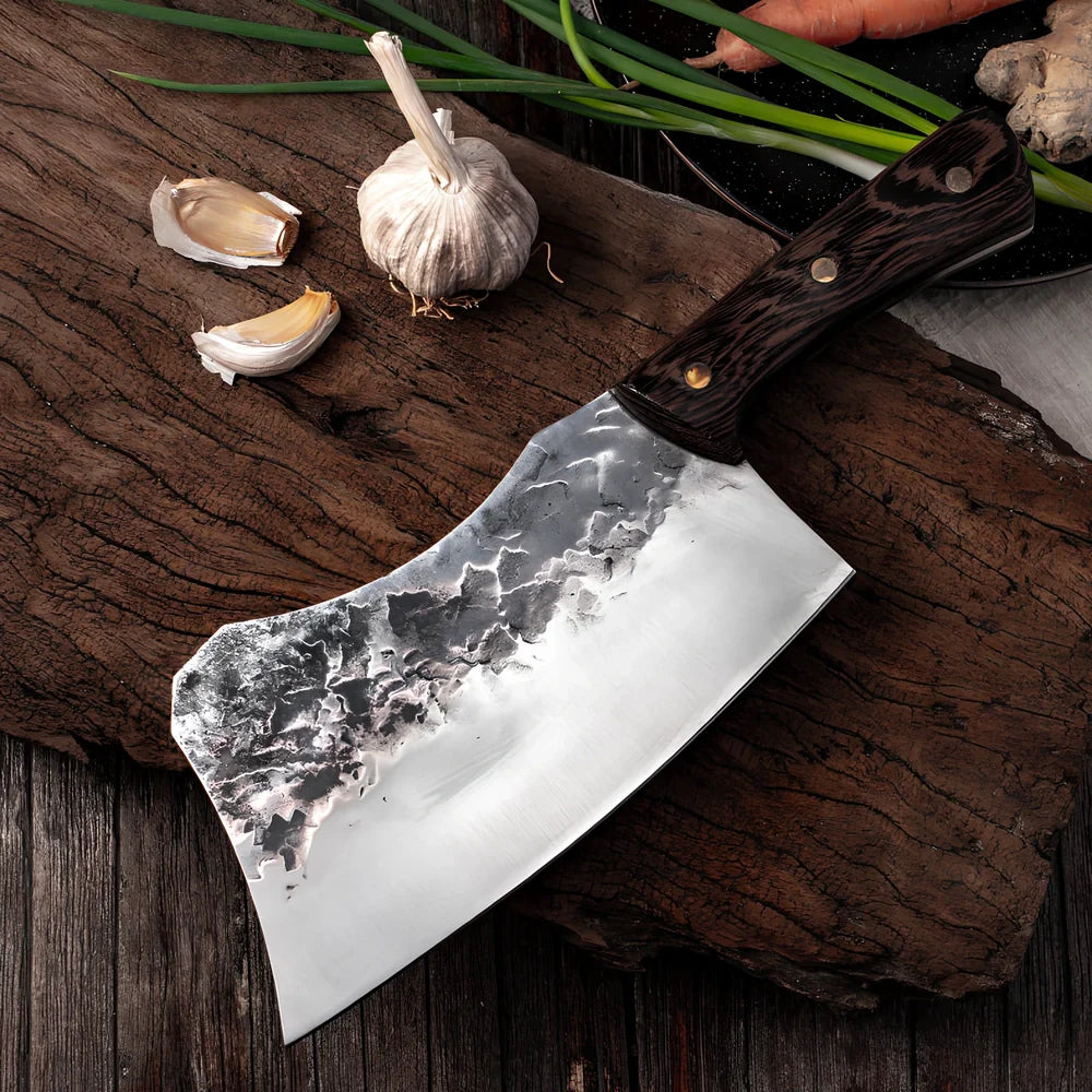 Professional chef knife with 20cm stainless steel blade and antique wenge wood handle with copper nails