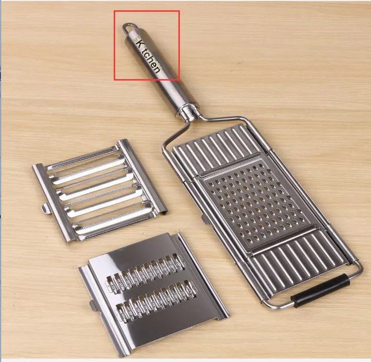 Stainless steel grater and slicer set with non-slip handle for efficient kitchen prep