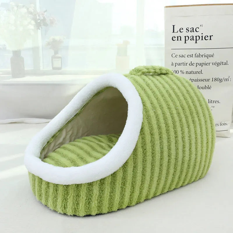 Macaron-shaped thickened cloth cat bed cage in pink, shown in a three-dimensional nest design.