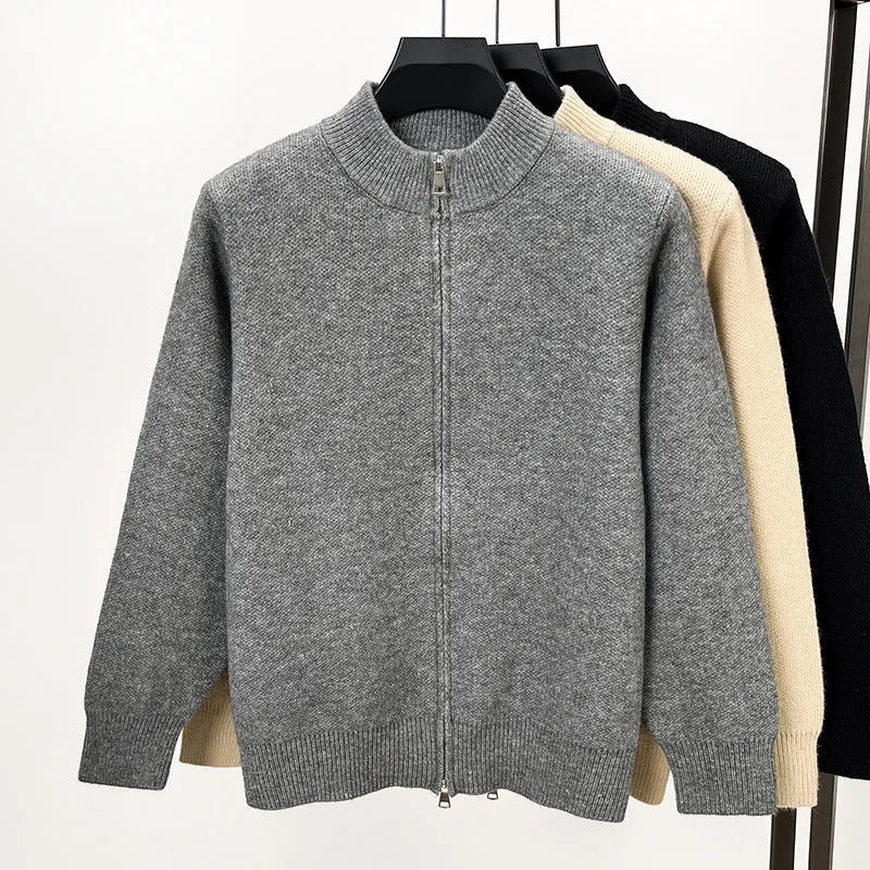 Men's black stand collar knitted cardigan with zipper front in loose fit thickened construction