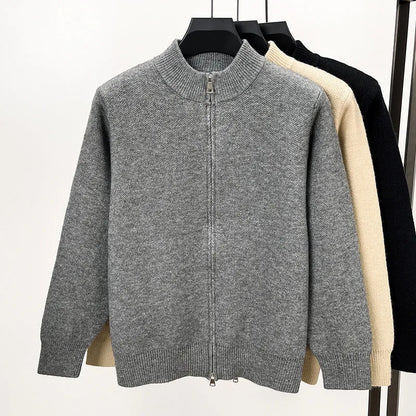 Men's black stand collar knitted cardigan with zipper front in loose fit thickened construction