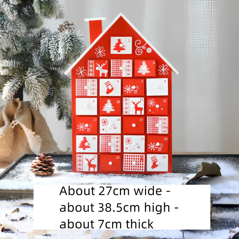 Wooden Christmas advent calendar with 24 numbered compartments in red and green colours measuring 37x32cm
