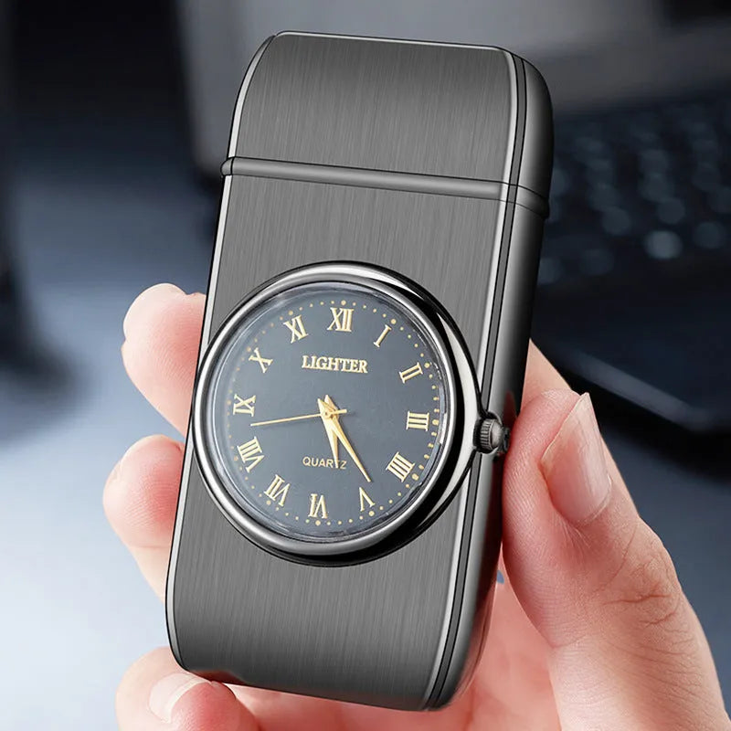 Electronic watch cigarette lighter with LED lamp in metal body showing five finish options