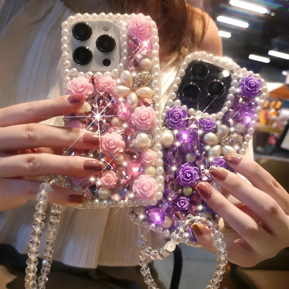 Flower shiny TPU iPhone case in pink or purple with crystal bracelet, anti-fingerprint cover for iPhone 11 to 16 Pro Max