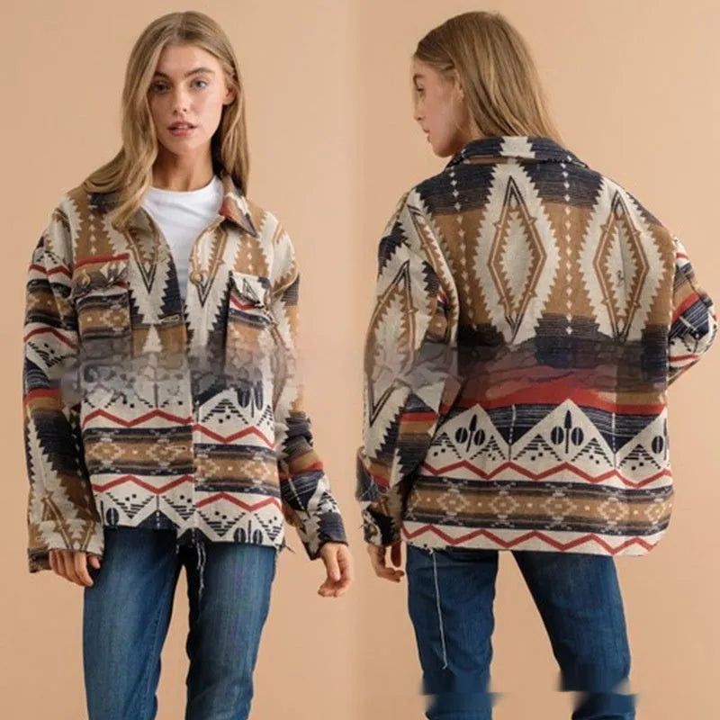 Retro style woolen coat with Aztec print in sapphire blue, loose fit, long sleeves for women