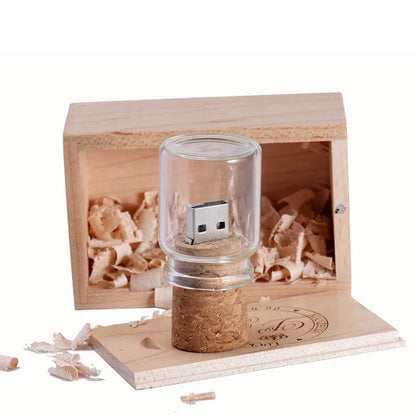 Chocolate brown wooden USB flash drive with personalised lettering and drift bottle storage design