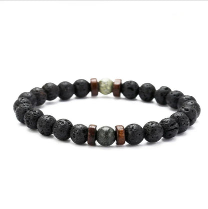 Stylish men's bracelet made with natural volcanic stone, flash stone, and wood chip in a geometric, mosaic-like design