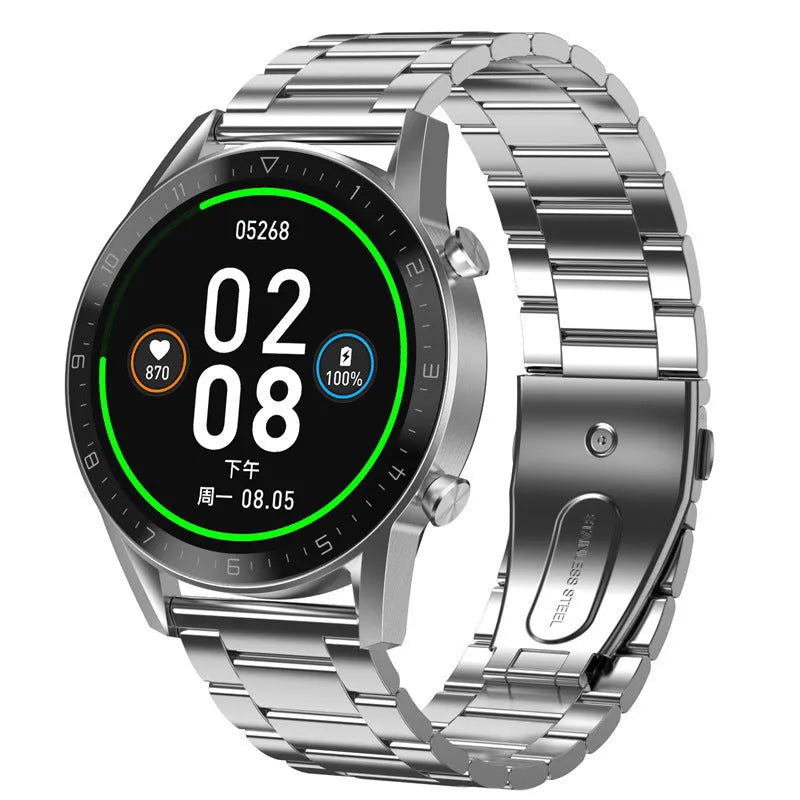 Multifunctional sports watch with 1.3-inch touchscreen on a genuine leather strap with classic buckle.