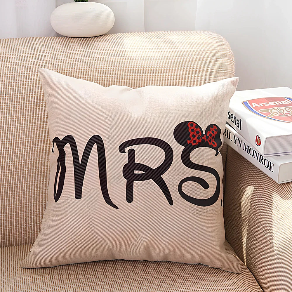 45x45cm linen pillowcase with cartoon design in MR and MRS colour options