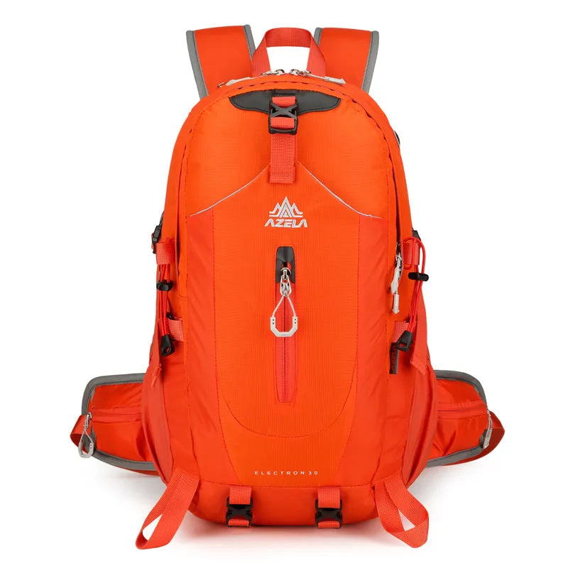 AZELA Electron 40L hiking backpack in white and navy with multiple compartments and adjustable straps