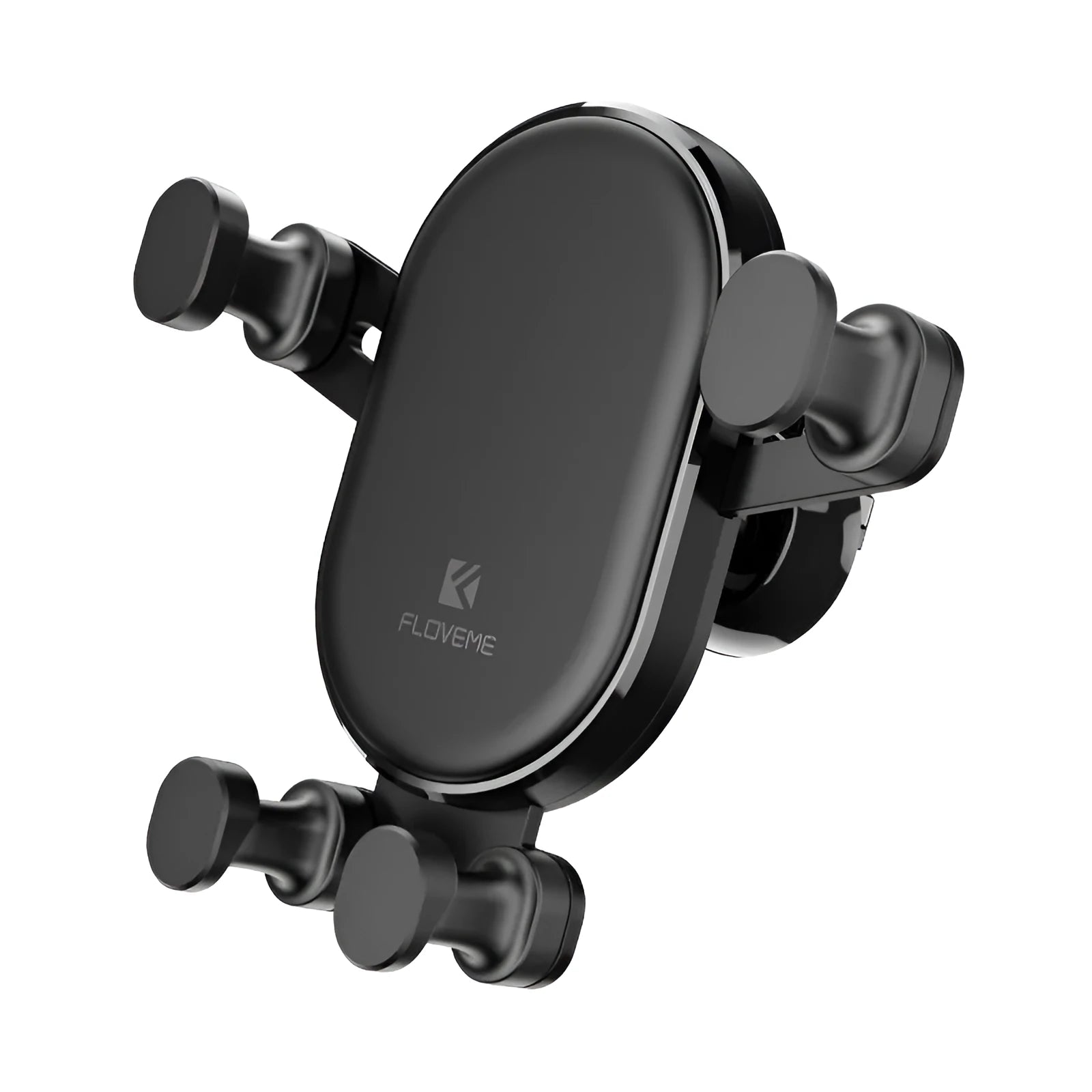 Black car vent phone holder with gravity lock mechanism, shown holding a smartphone at an angle.
