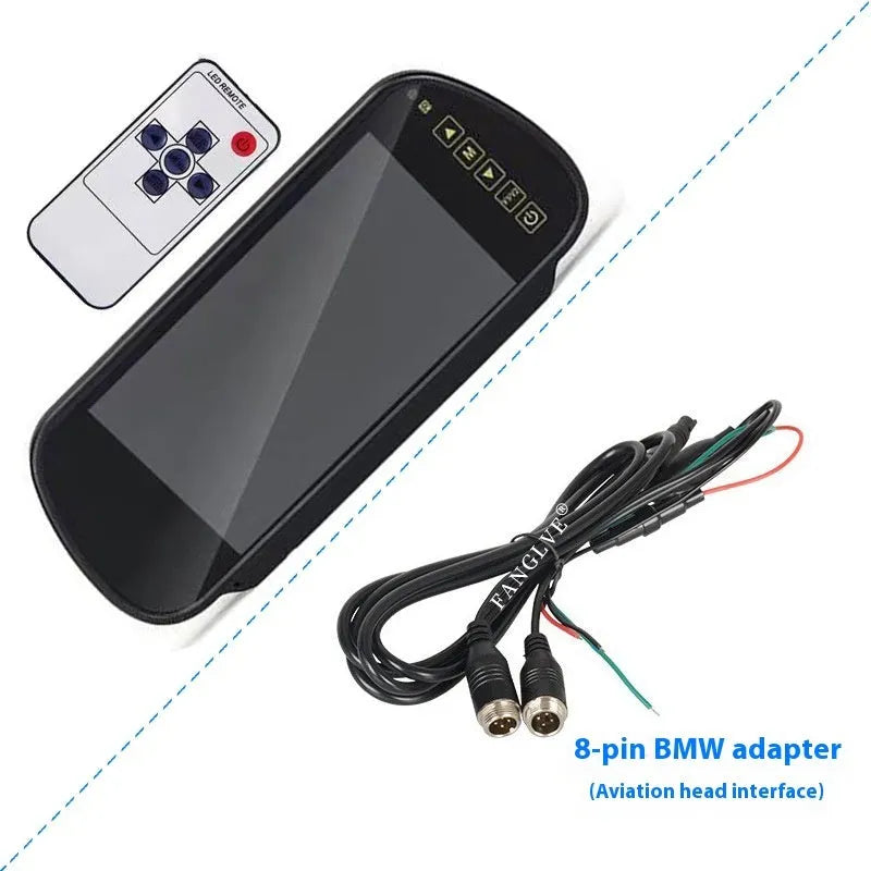 7-inch car monitor and reversing display with camera and video cable, TFT screen, ABS housing, desktop or rearview mirror fitting.