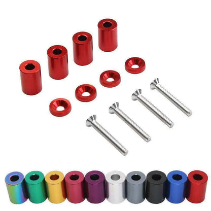 Aluminium alloy machine cover height spacer kit with screws, nuts, washers in red, blue, black.