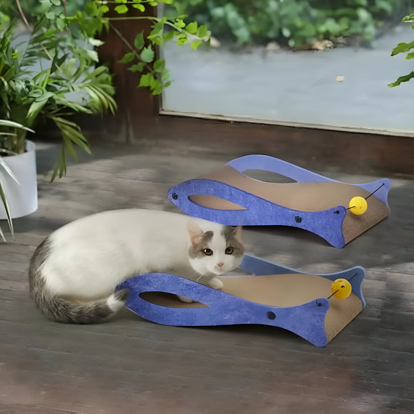 Blue fish-shaped cat scratcher with wavy lounge, bell toys, and 46x25x10cm dimensions