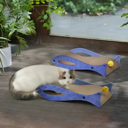 Blue fish-shaped cat scratcher with wavy lounge, bell toys, and 46x25x10cm dimensions