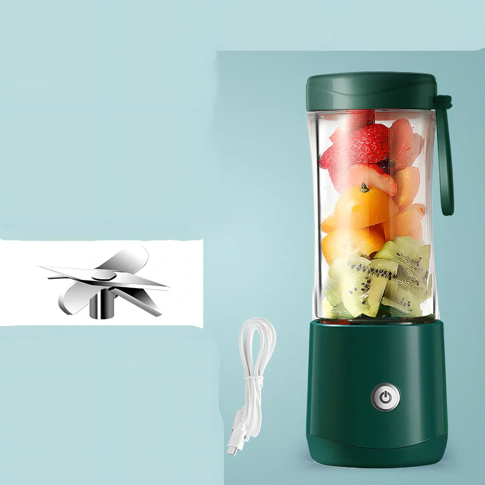 Mini electric portable juice machine with USB cable and six-blade stainless steel design in dark green colour
