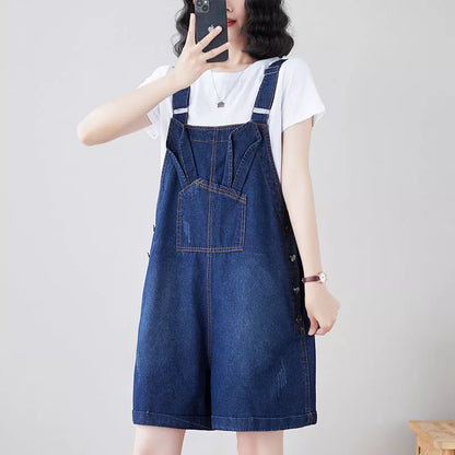 Denim loose straight strap pants with adjustable suspenders in dark blue and light blue