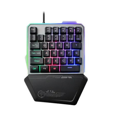 Black one-handed keyboard with RGB backlight and 1.8-metre USB cable on a desk