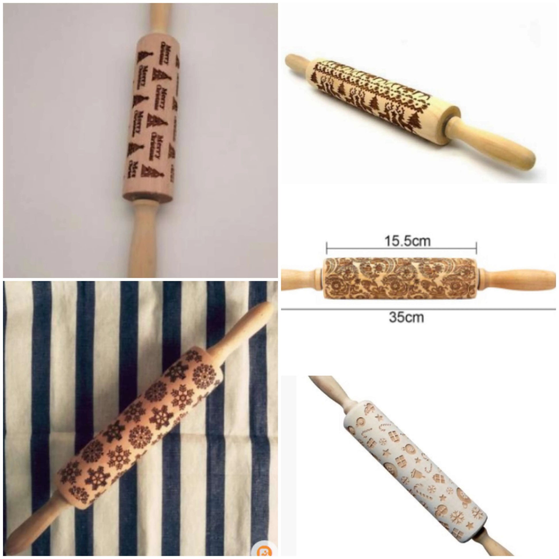 Wooden rolling pin with engraved Christmas patterns including reindeer and snowflakes on a 45cm long barrel.