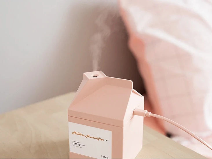 White milk carton shaped USB humidifier with 260ml capacity measuring 75mm x 75mm x 113mm