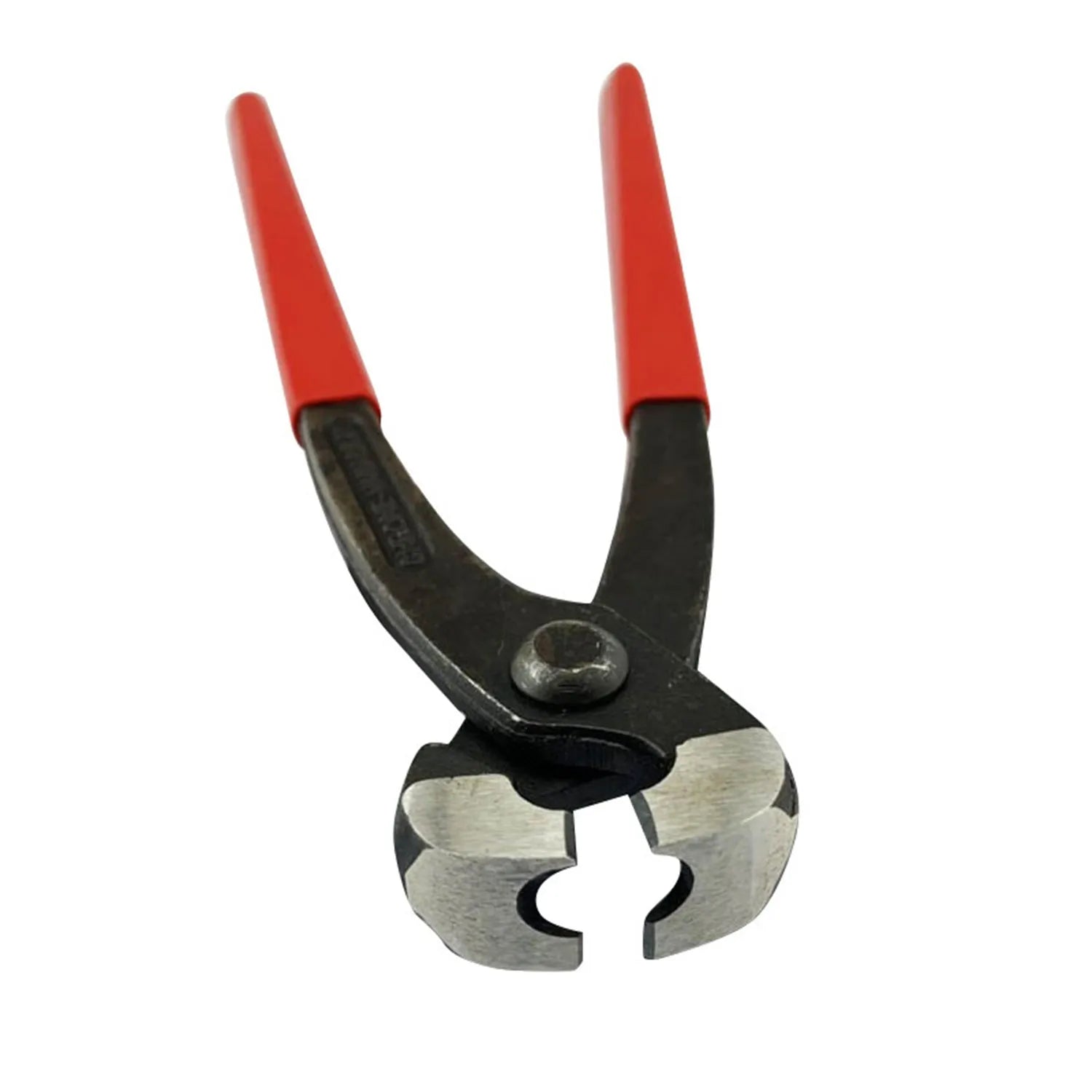 A single-ear red metal worm-drive hose clamp on a white background.