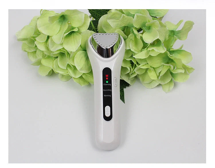 Electric Ultrasonic Facial Beauty Device in white, compact and portable design