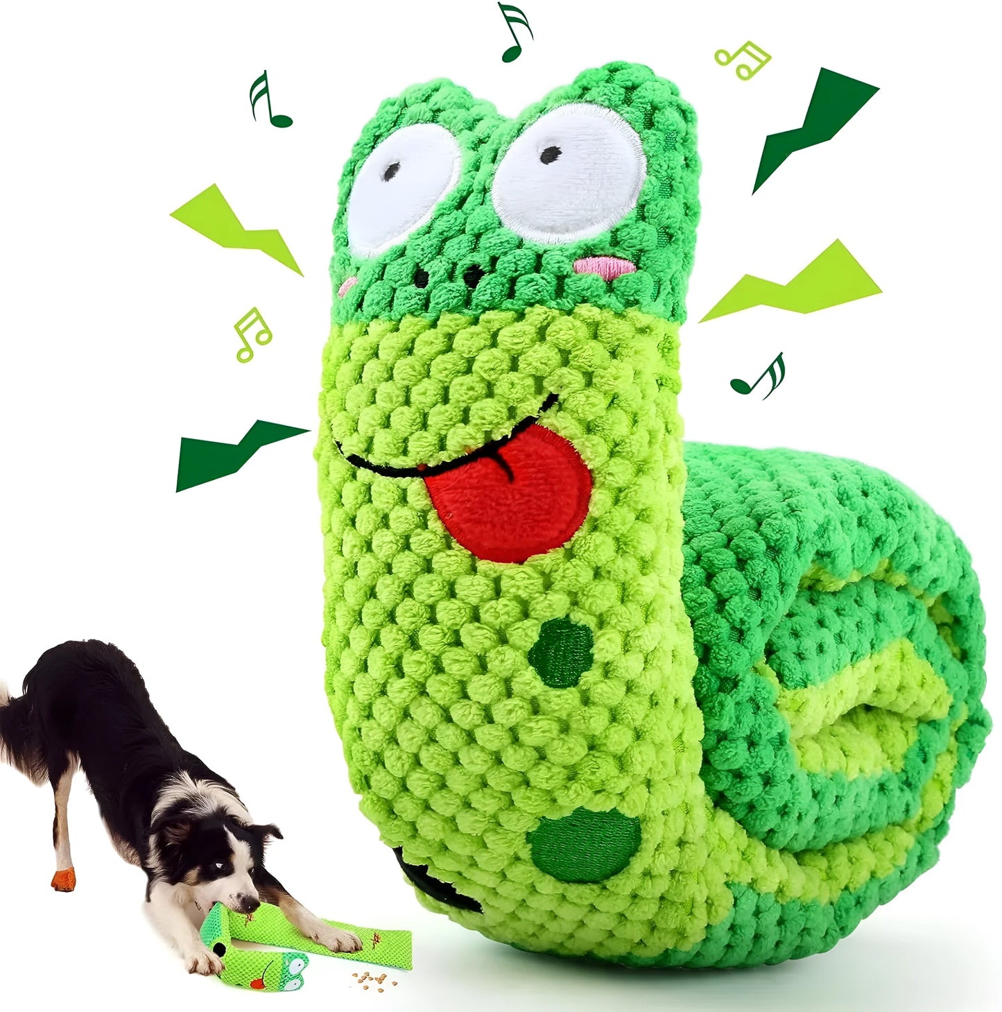 Squeak dog toy in snail or stick shape with hidden food holes for foraging training, measuring 7.5 cm by 7.2 cm
