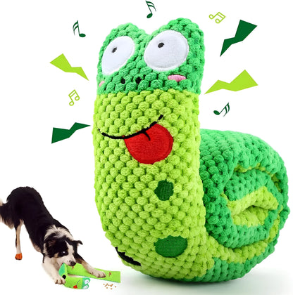 Squeak dog toy in snail or stick shape with hidden food holes for foraging training, measuring 7.5 cm by 7.2 cm