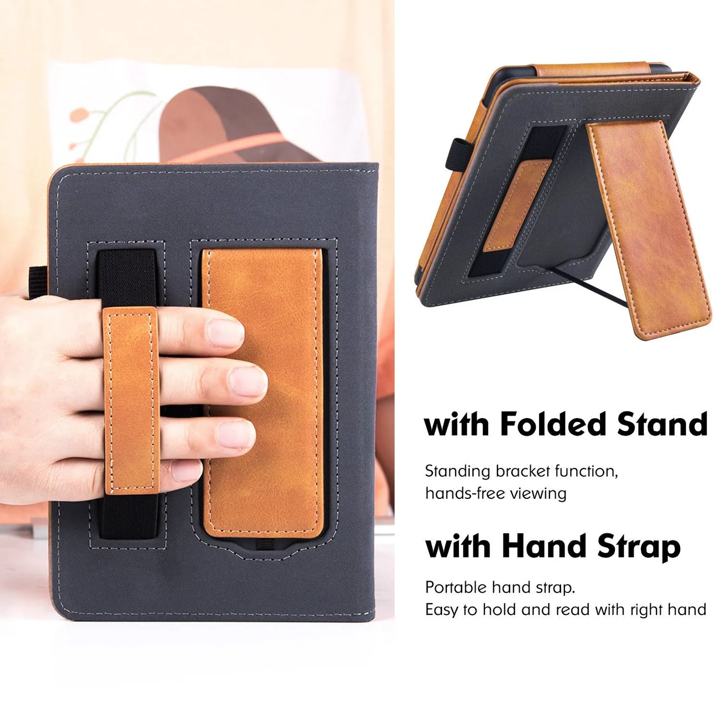 Leather case with wrist splint bracket for Kindle Paperwhite 5 e-reader in various colours and designs
