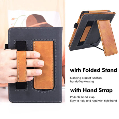 Leather case with wrist splint bracket for Kindle Paperwhite 5 e-reader in various colours and designs