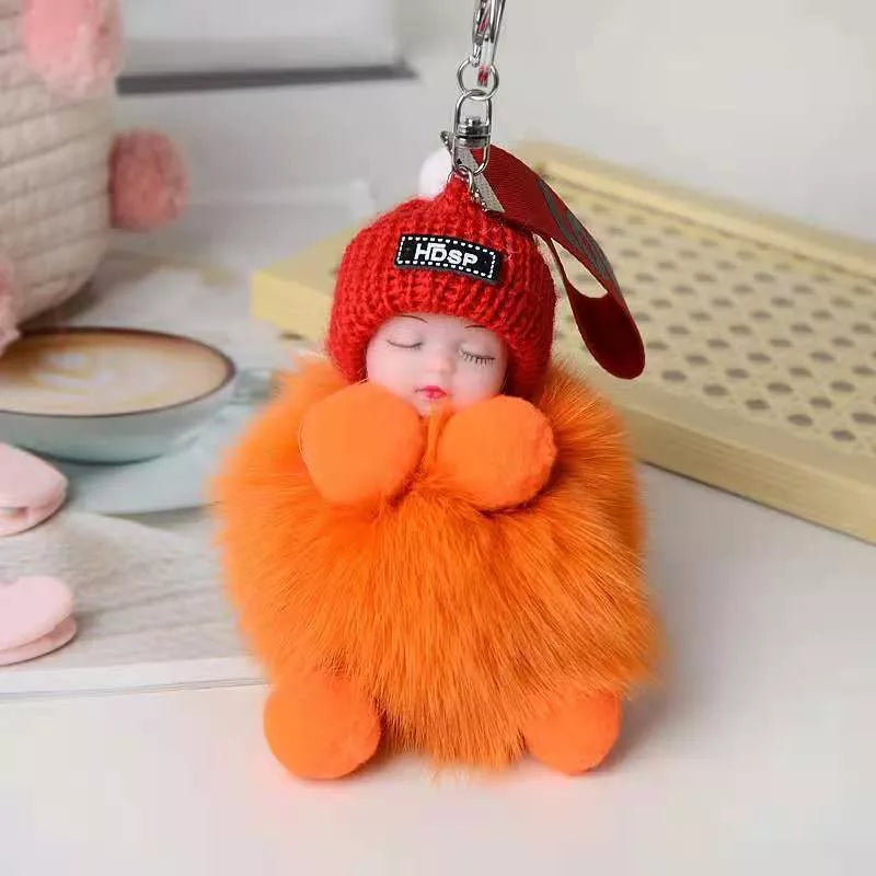Hand-woven fox fur sleeping doll keychain pendant with optional bow
